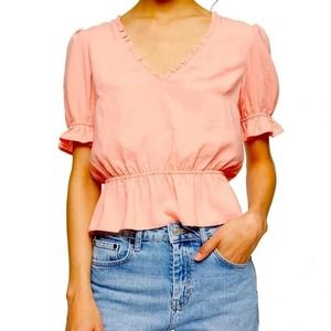 Topshop Peach Coral Morgan Ruffle Trim Peplum V-Neck Tea Blouse